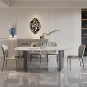 轻亮奢岩板餐桌椅子组合意式 极家用不锈钢T62D岩板现代高端光长形