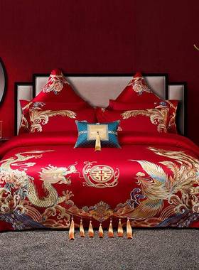 古道边高端佳婚庆四件精美重刺绣大红结婚多AL-65305件套套工婚礼