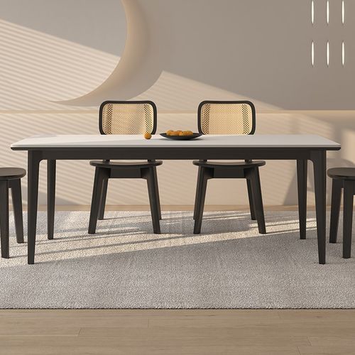 实木岩板餐桌家用小户型黑色中古奶油风长方形德利丰岩板饭桌子