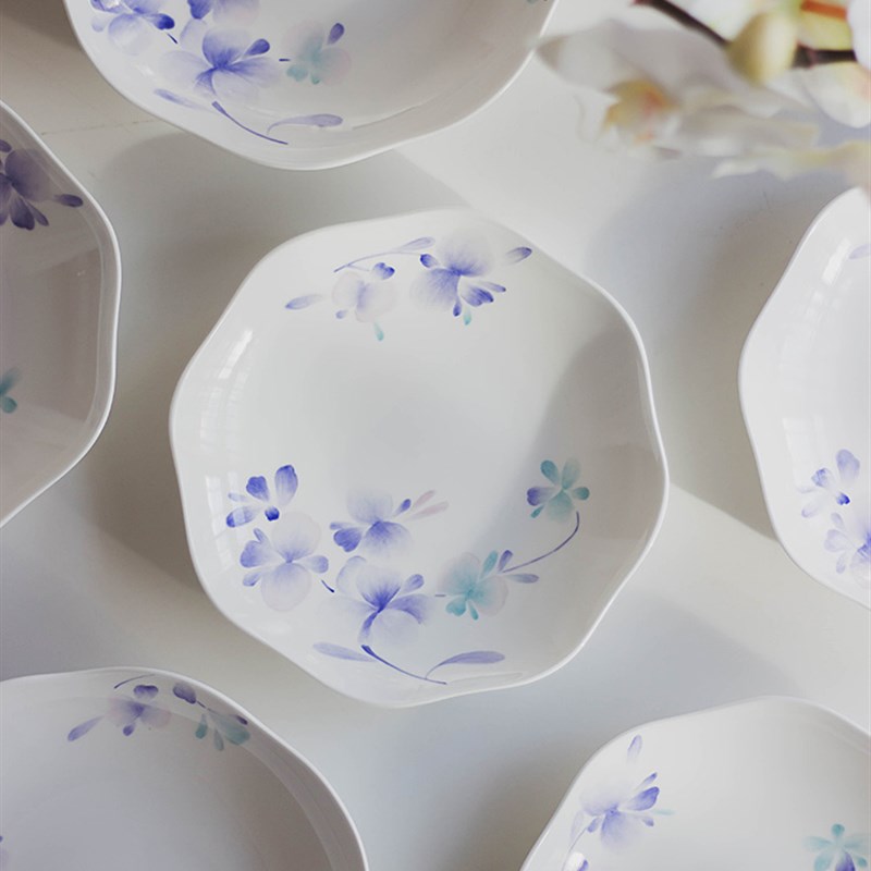 手绘蝴蝶兰 釉中彩花边骨瓷深菜盘家用高温陶瓷餐盘餐具8寸手工