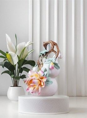 博古架陶瓷手工捏瓷花葫芦摆件福禄富贵高档办公乔迁新居招财礼品