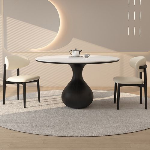 德利丰实木岩板餐桌圆形家用小户型侘寂奶油风黑色高端全托圆桌子