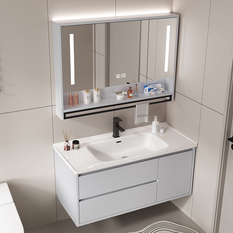 浴室柜组合陶瓷一体盆洗手台洗脸台盆柜卫生间洗漱台现代简约镜柜