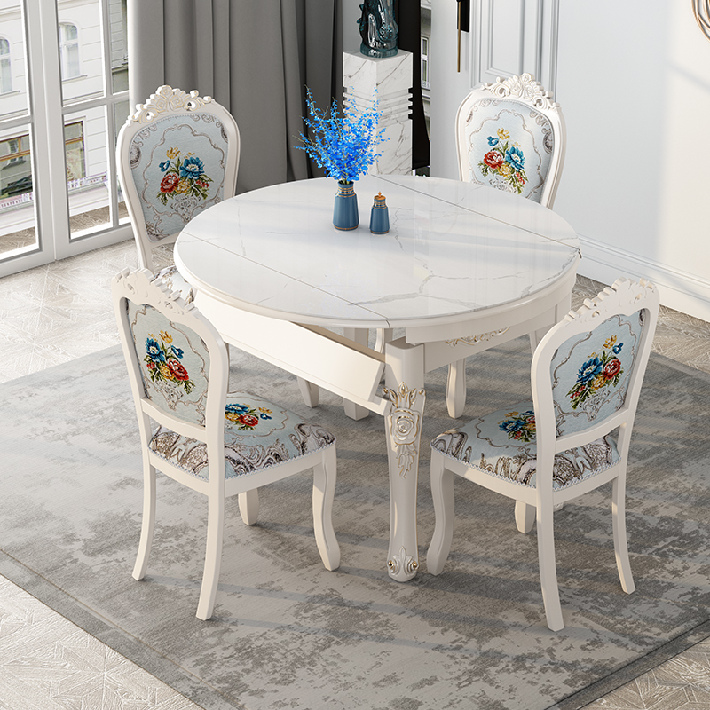 奶油风岩板折叠餐桌椅方圆两用简约伸缩实木饭桌子家用小户型