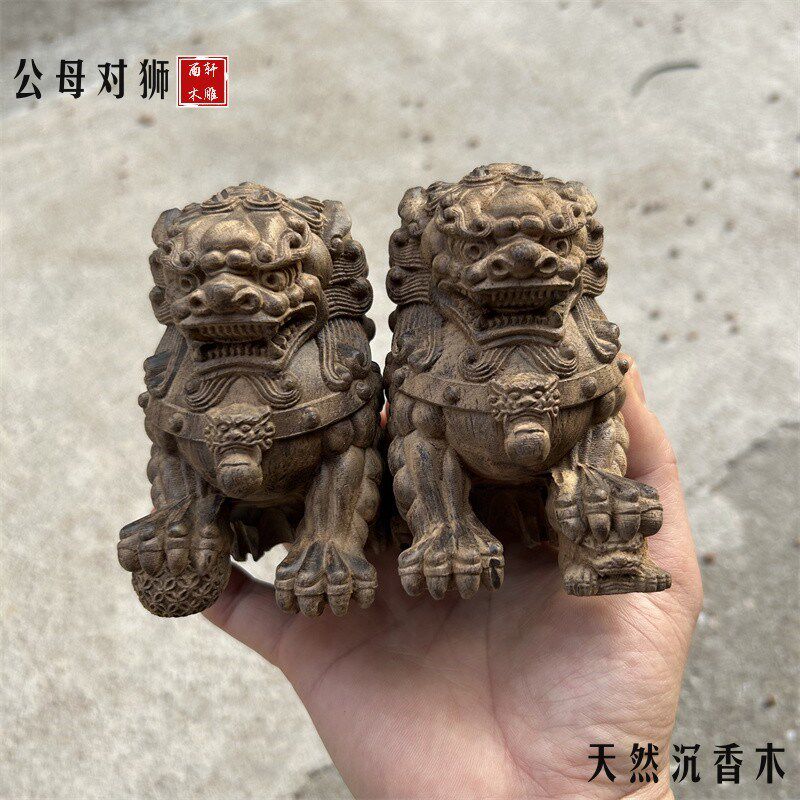 天然沉香木雕狮子摆件一对实木狮子门口办公室玄关客厅店铺北京狮