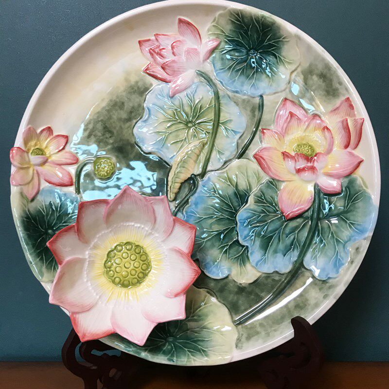 方亚陶瓷中式好运莲莲莲花大装饰盘点心盘蘸料碗工艺装饰摆盘礼品