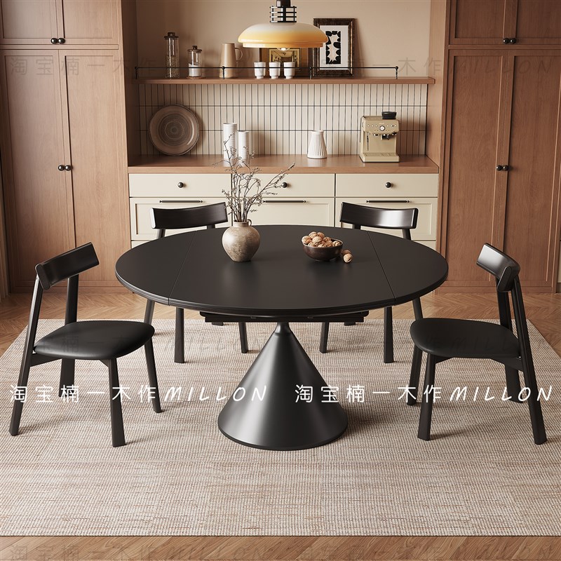 复古岩板伸缩餐桌椅组合现代简约家用小户型方圆两用黑色圆形餐桌