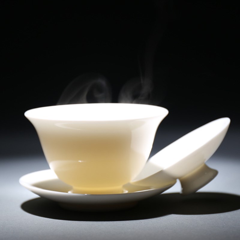羊脂玉薄胎盖碗八克杯家用办公泡茶碗纯白瓷三才杯功夫茶具敬茶杯