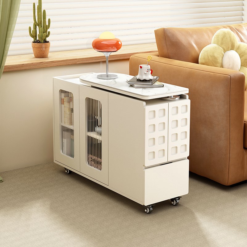 开尚奶油风客厅沙发边几可旋转茶桌带岩板边柜大容量侧边柜可移动