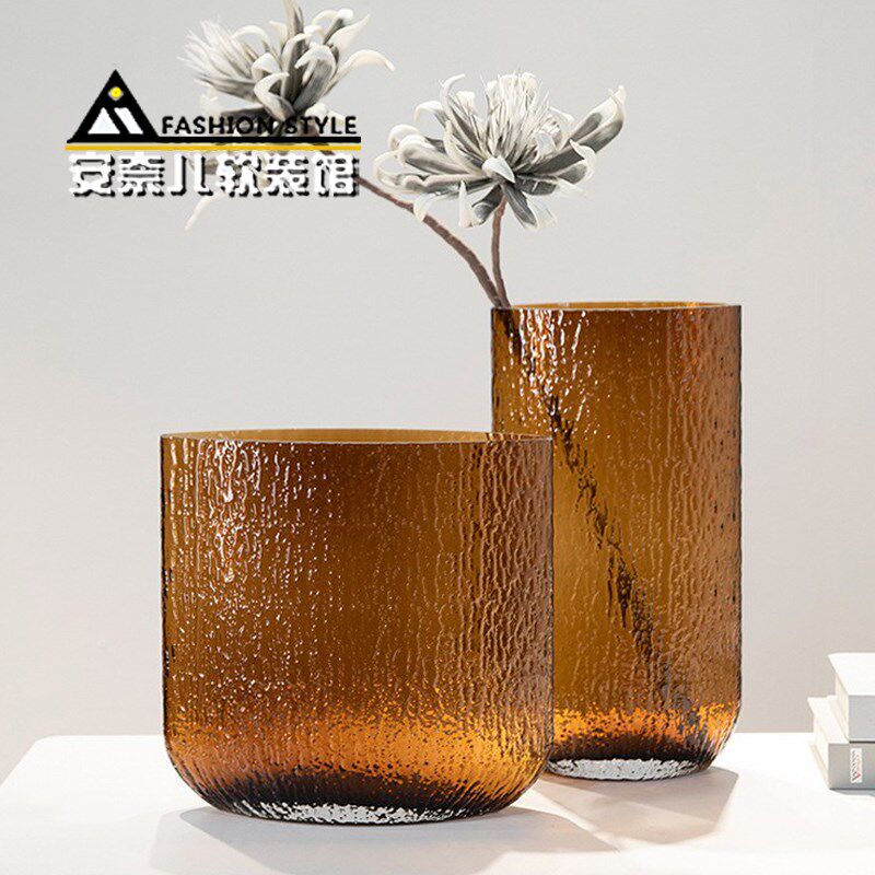 黑色树皮纹玻璃扁花瓶高端水培插花器现代家居客厅样板间软装摆件