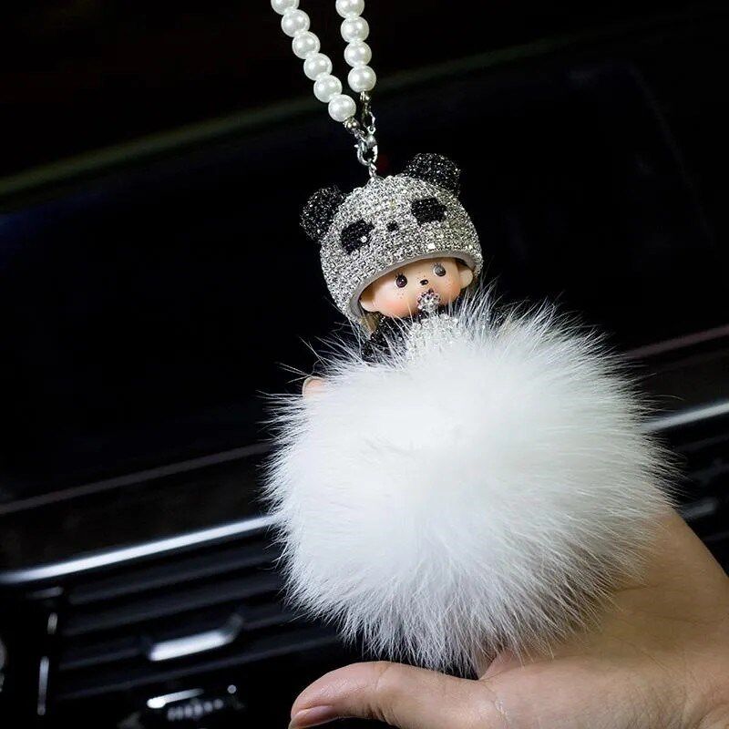 蒙奇奇挂件可爱卡通后视镜吊坠狐狸毛球挂饰车内装饰品吊饰女士