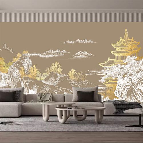 中式线描亭台楼阁古建筑山水背景墙壁纸客厅书房卧室茶室墙布壁画