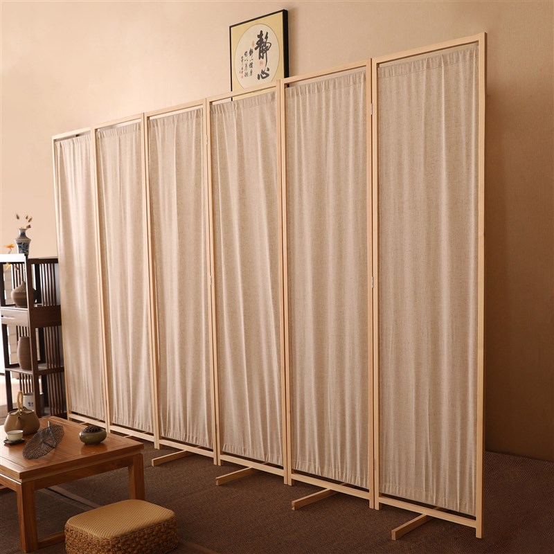 中式实木亚麻布艺屏风入户隔断客厅玄关现代简约民俗田园布艺折屏