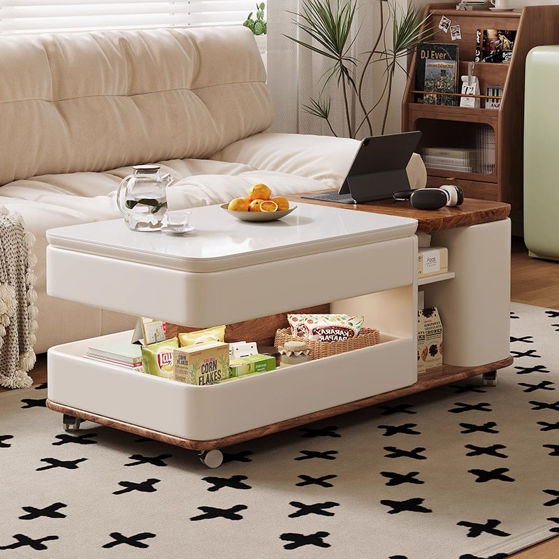 实木移动茶几小推车多功能中古风小户型升降岩板边几餐车阳台茶桌