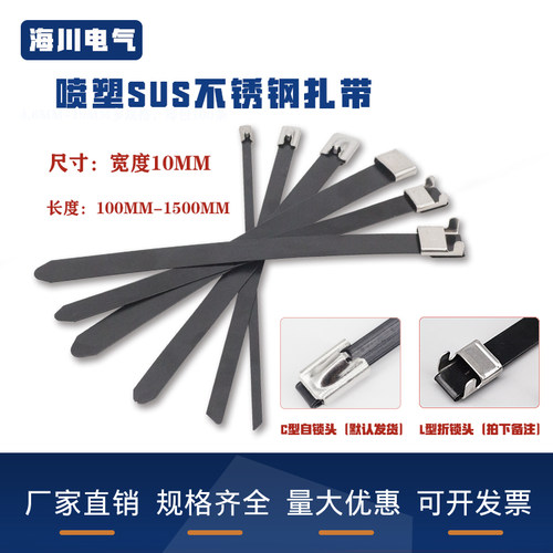 黑色喷塑304不锈钢扎带10MM耐低温抗老化光伏线槽盖板带