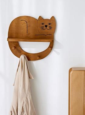 创意萌实木挂架墙猫衣上家居多能功置68943物架书房儿童房墙面