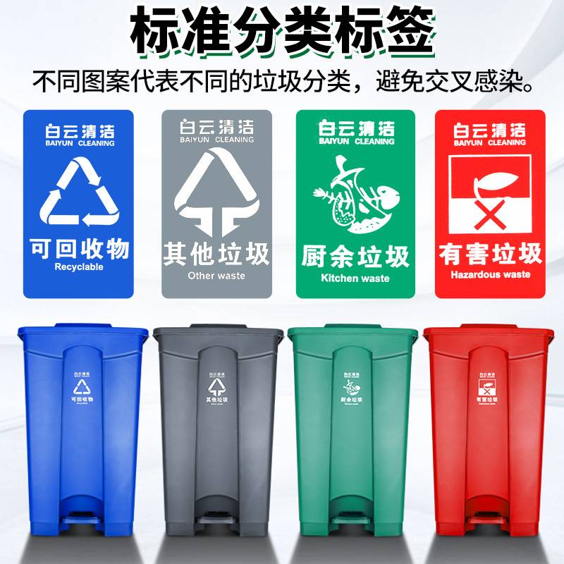 白云脚踏垃圾桶加厚户外环卫商用物业脚踩带盖四色分类大号垃圾箱