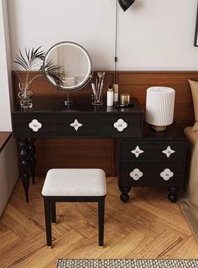 式法复古实木黑色梳EDB妆台边柜型一小型卧室美式体化妆台小户化