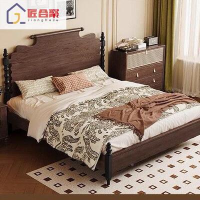 婚中古风实木床家用1DOE.8主双人卧床小户1.5简约复古大床型美式