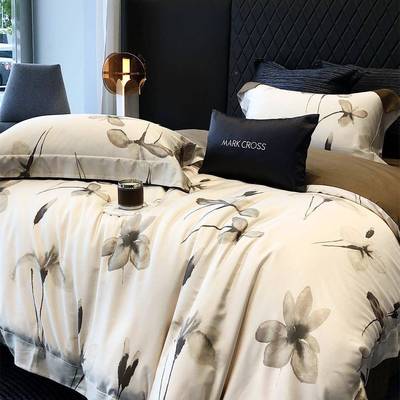 轻奢简约秋冬款厚奶磨毛四件套轻花卉丝印花奢被套柔软1.8CML加m