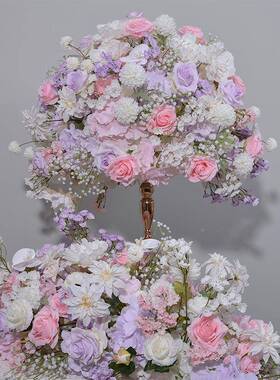 新款白粉饰紫色仿真174花礼花拱门背景装排婚花餐桌会议桌摆放球