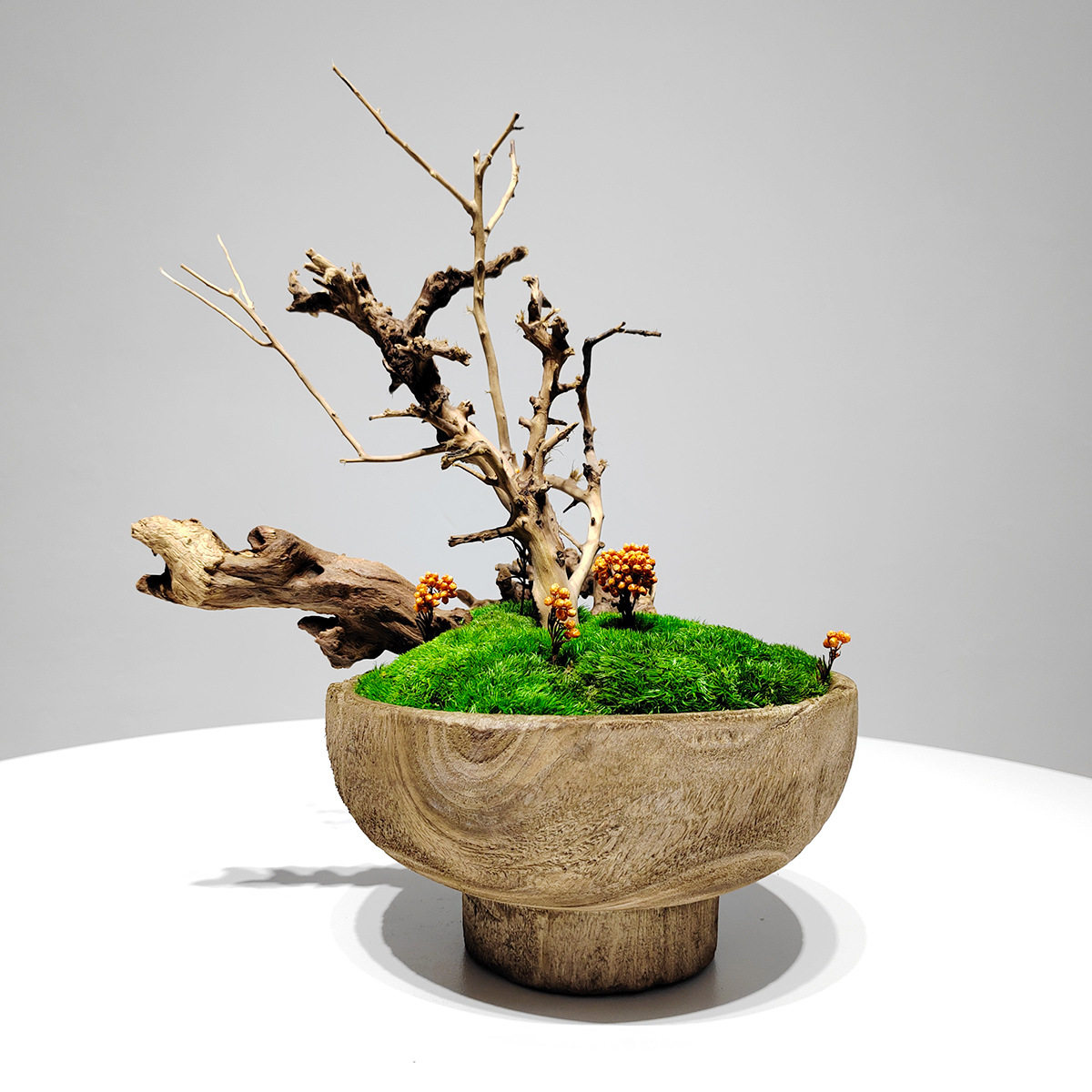 仿真花禅意盆景永生苔藓花艺实木花器新中式样板房盆栽洽谈桌摆件