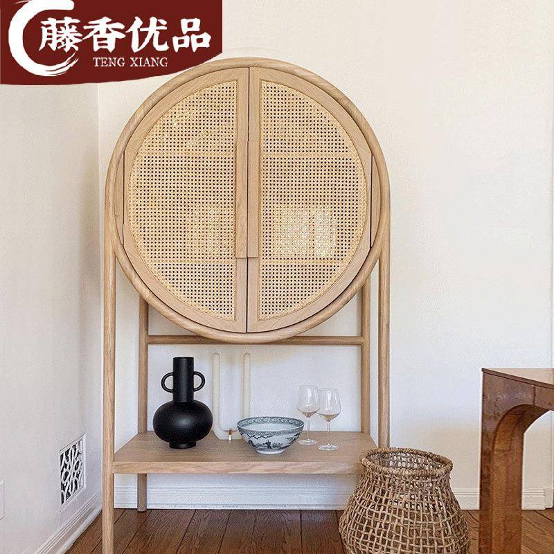 北欧轻奢实木餐边柜小户型客厅复古编藤收纳柜ins酒柜设计师柜子