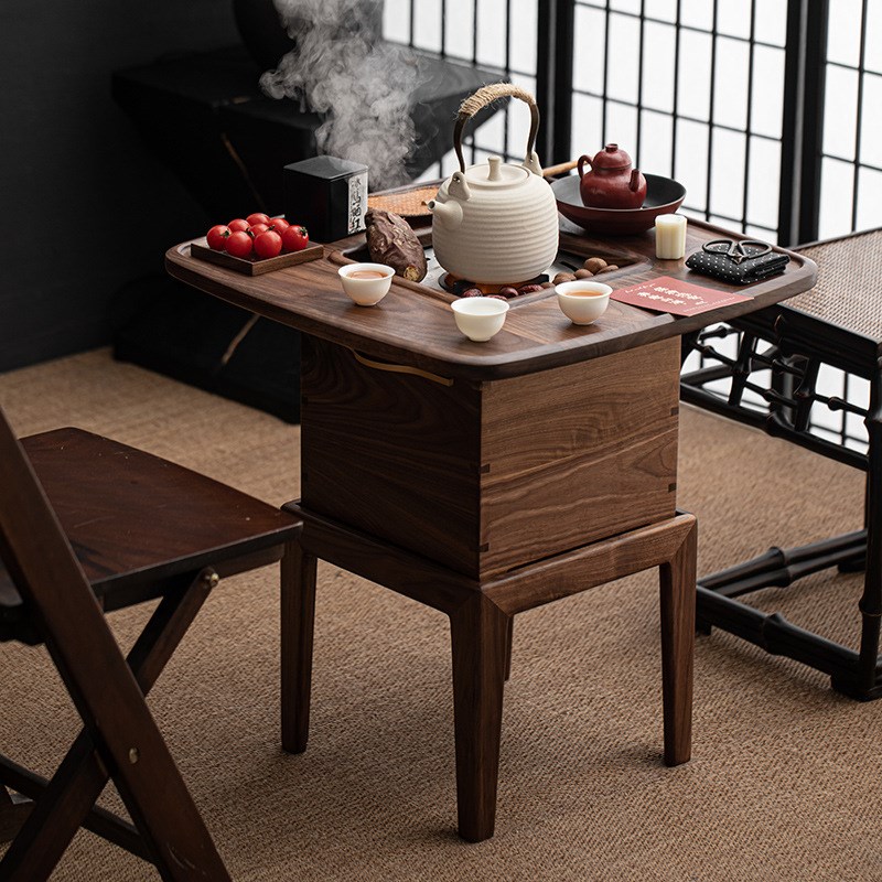 北美胡桃木围炉煮茶炭炉烤火炉火盆中式茶桌取暖复古茶空间碳炉桌
