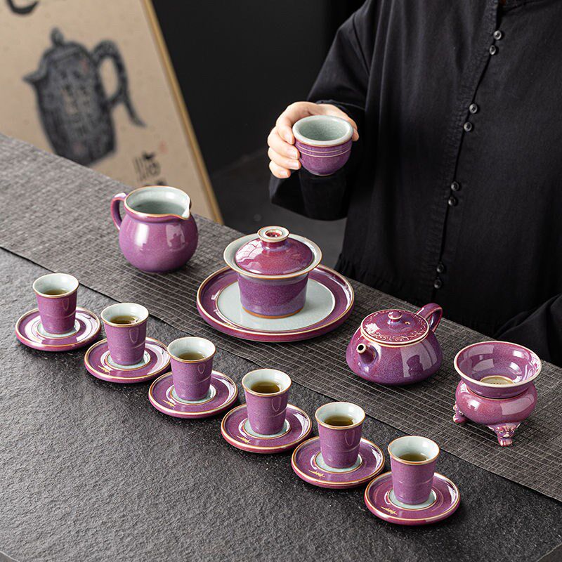 紫冰花功夫茶具钧窑茶壶茶杯整套泡茶器陶瓷三才盖碗家用茶具套装