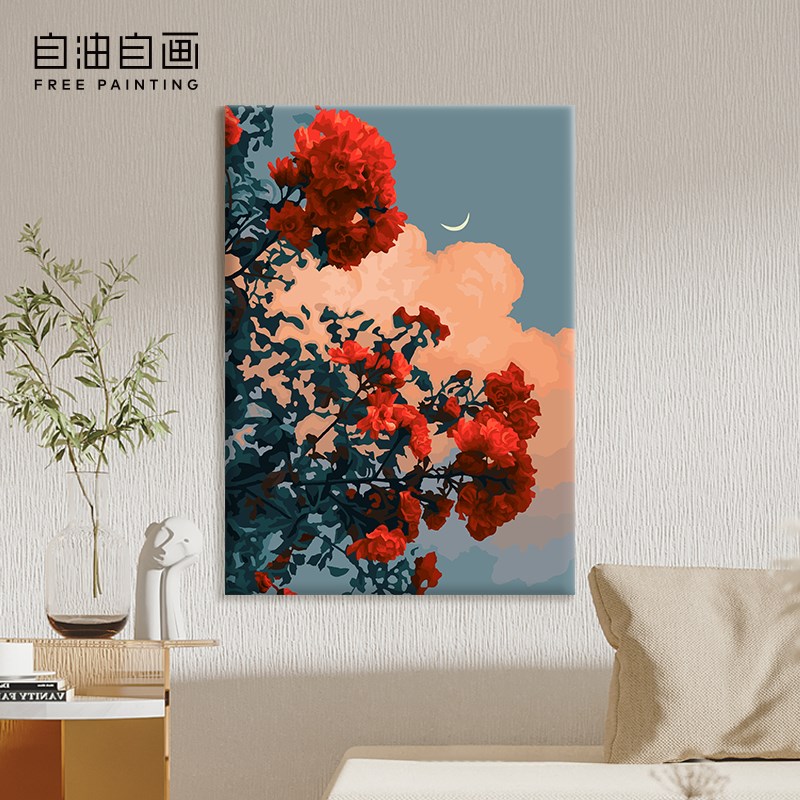 自油自画 数字油画diy手绘填充手工画画填色丙烯油彩画 月下蔷薇