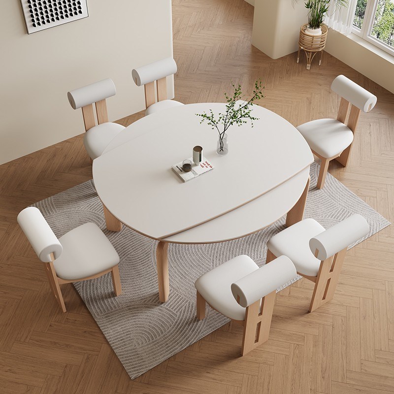 原木奶油风实木岩板餐桌家用伸缩圆桌客厅小户型方圆两用折叠饭桌