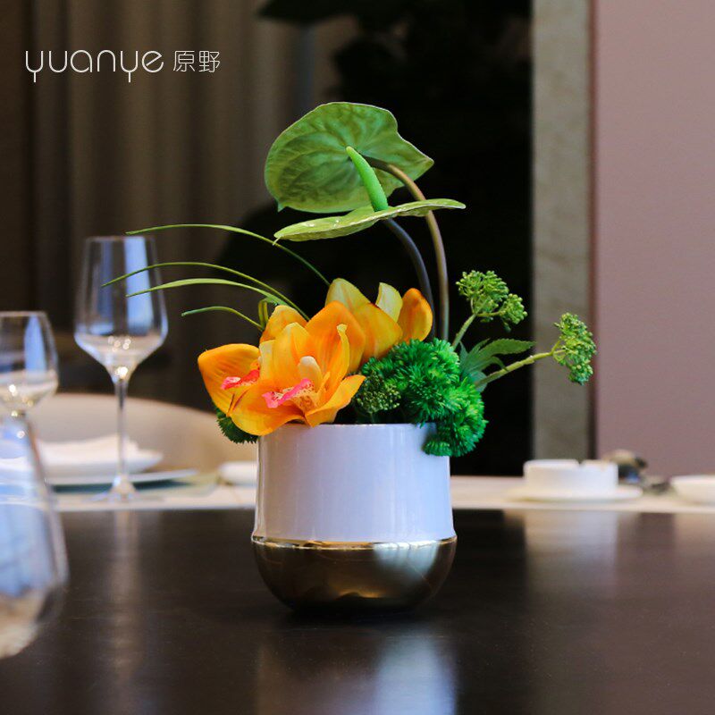 酒店转盘圆桌餐桌花摆花高端自然风餐厅客厅假花摆设花艺摆件装饰