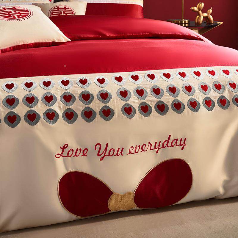 古道边140支长绒棉婚庆四多大时尚轻奢件套红结婚件套婚床礼时尚