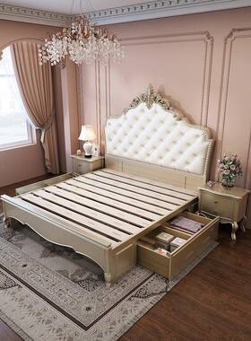 美式轻奢实双木床简约现代能18.米奶油风卧室人床LHU多功储物公主