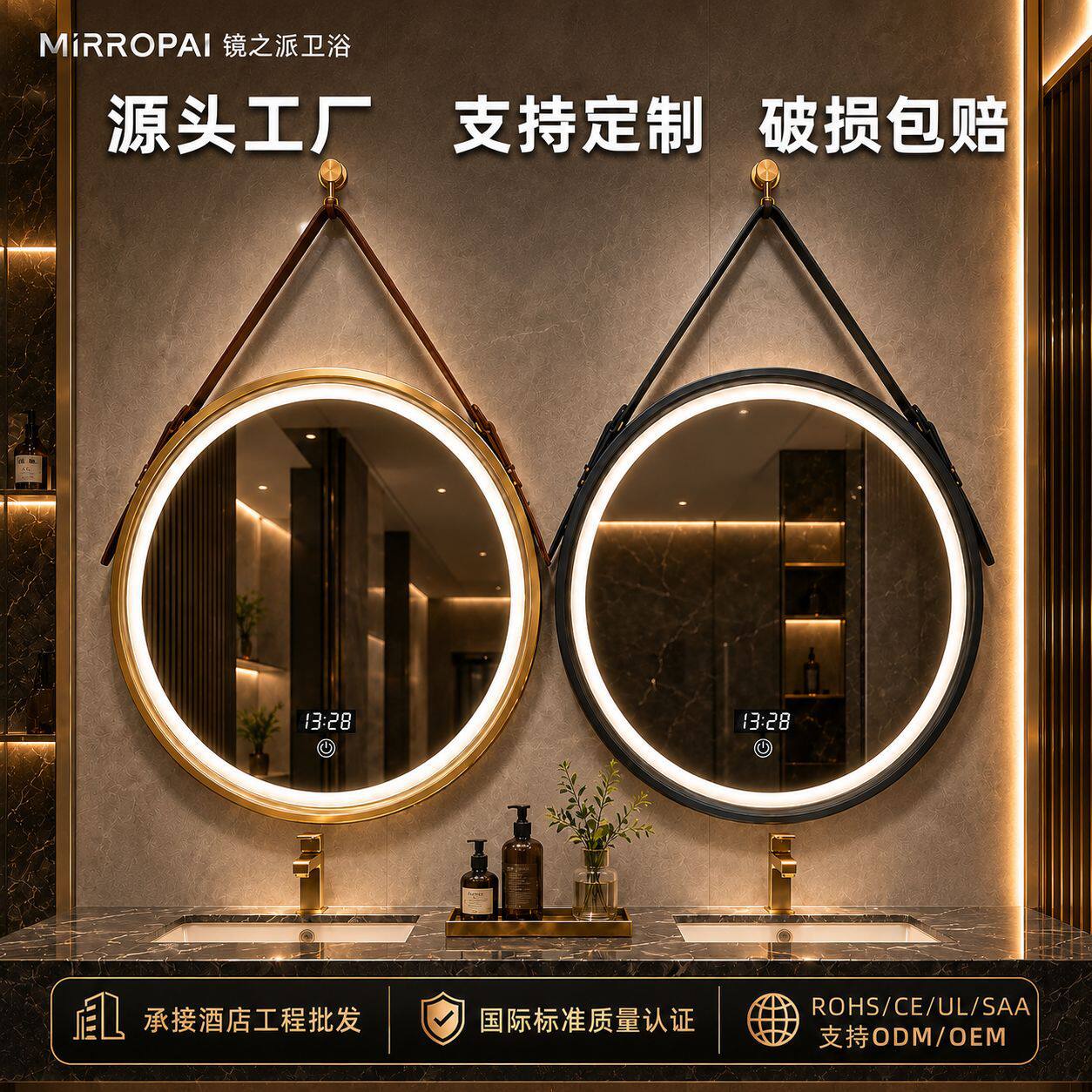 铝合金边框智能浴室镜吊带圆镜梳妆化妆镜挂墙式装饰镜子壁挂墙