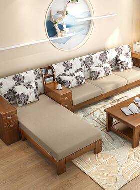 全发实木厅沙发组合字七形转角中式客木布沙茶几电视85095柜橡胶