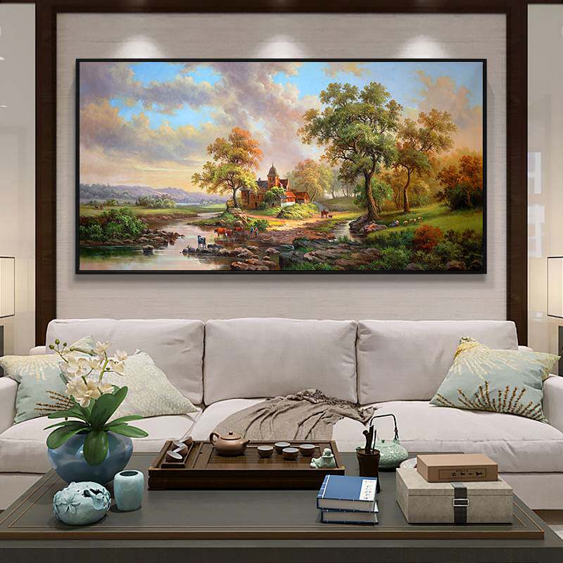 乡村手绘背景沙发风景客厅欧式美式法式纯油画古典装饰画挂画田园