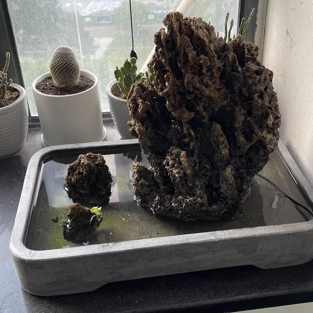 天然青石盆一体假山盆景盆上水石吸水石底座整体长方
