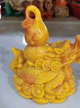 古玩收藏仿寿山石雕田黄色龙龟葫芦摆件客厅装饰11*8*14CM