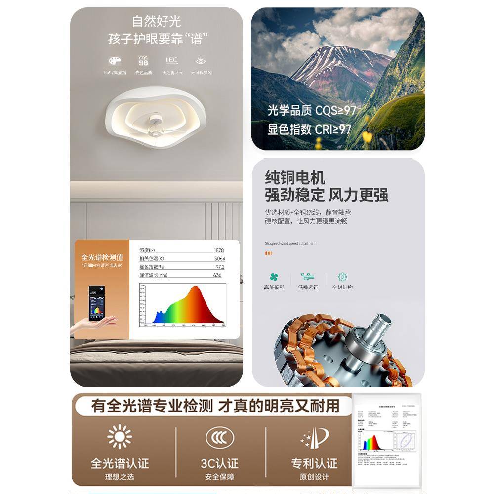 jh极简奶卧室吸顶风智扇灯现代简约创意电油风能主卧一体隐形吊扇