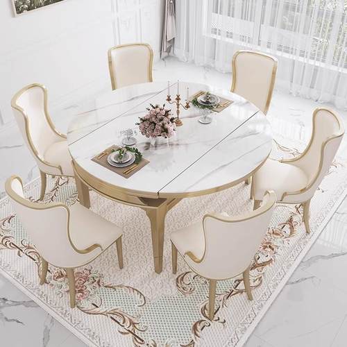 岩美式SBW:D1#轻奢板餐桌方圆式两用可伸缩折叠欧式实木法奶油2风