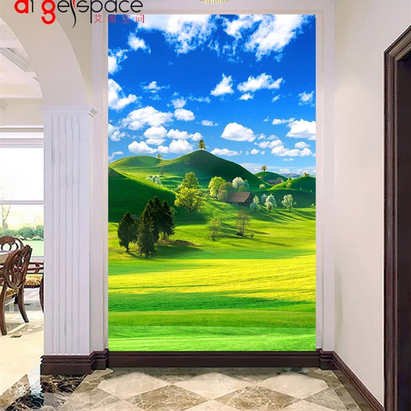 环保无缝延伸草原风景蓝天白云玄关路草地背景墙阳光道墙过道墙纸