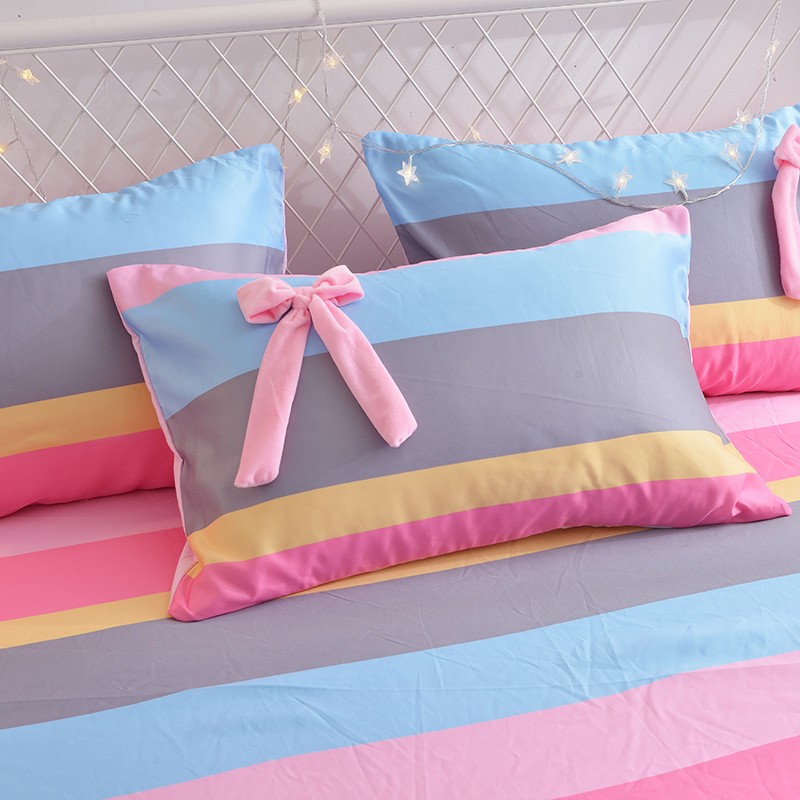 彩虹条纹糖果磨毛床裙床罩单件床床单床笠花边三件防尘罩公主