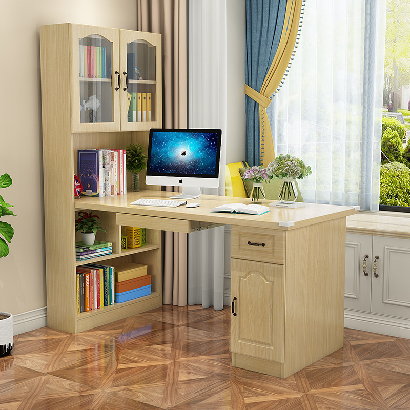 实木转角书桌书柜学生家用学习桌书桌带书架台式电脑一体桌