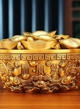 铜制聚宝盆黄铜八方来财聚宝盆五福如意元宝聚宝盆家居办公室摆件