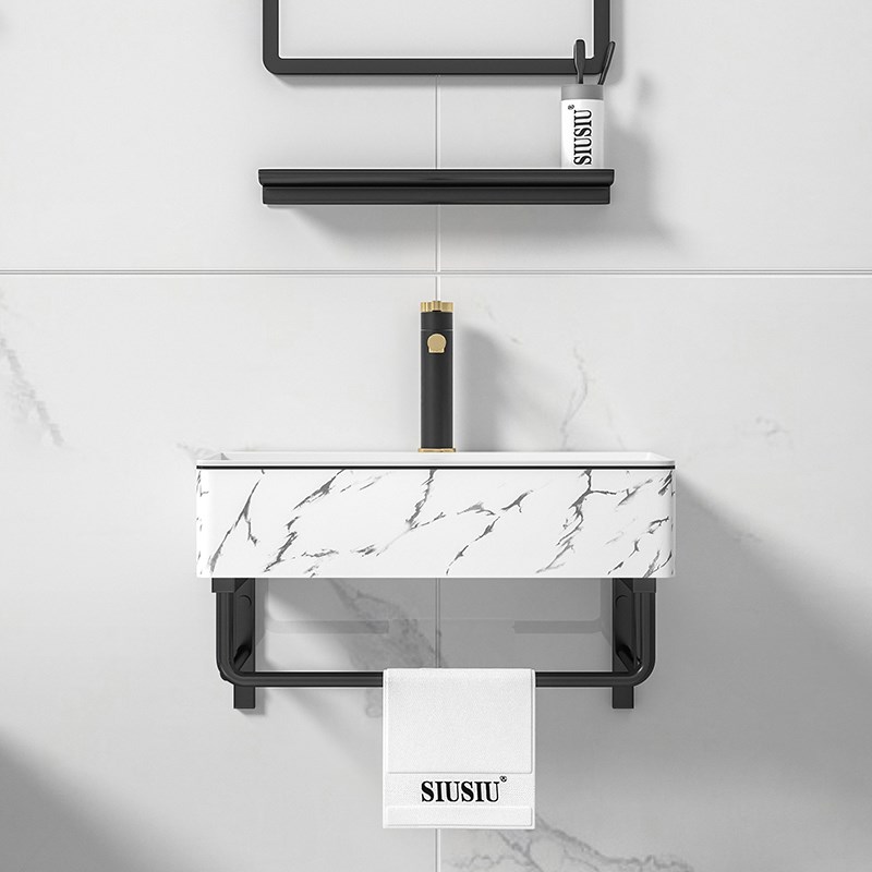 不锈钢支架壁挂墙式挂盆洗手盆黑边黑色大理石陶瓷洗脸盆面盆水池