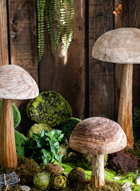 创意实木蘑菇装饰摆件民宿侘寂风样板间软装造景家居大型落地摆设