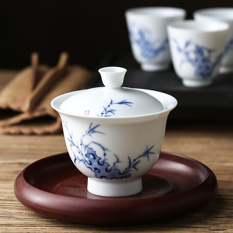 釉下手绘盖碗茶杯泡茶大号三才杯功夫茶具陶瓷釉下彩青花瓷盖碗