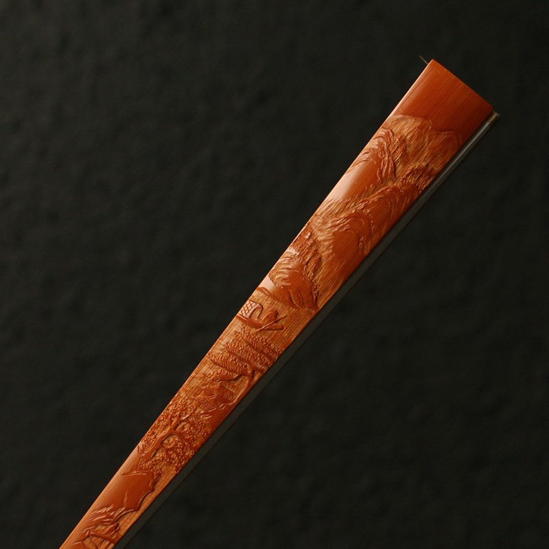 精品面纯手工浅浮雕山水风光图老玉竹扇骨文玩竹雕折扇子王伟制