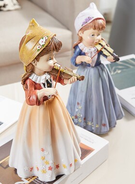 乡村田园小清新风小提琴女孩摆件超市情景货架电视柜书房桌面装饰